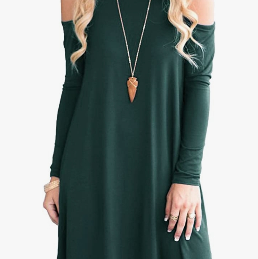 Dark Green Cold Shoulder Casual Swing Dress with Pockets